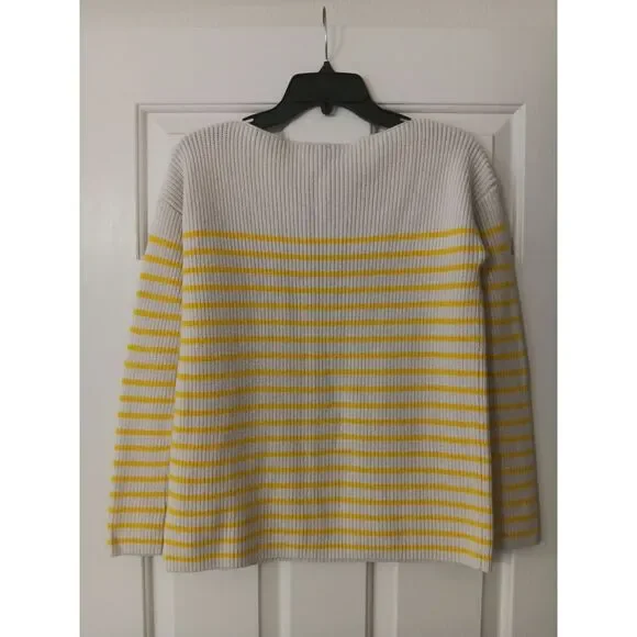 Gap Stripe Shaker‎ Sweater Yellow Cream Knit Women's Medium Merino Wool Pullover - Picture 3 of 9